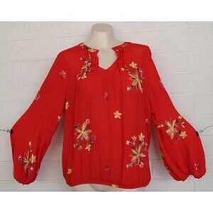 Figueroa & Flower Large Cherry Tomato Floral Embroidered Puffed Long Sleeve Top